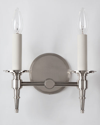 Remains Lighting Co. Collection image 1 of a Douglas Twin Sconce made-to-order.  Shown in Burnished Nickel.