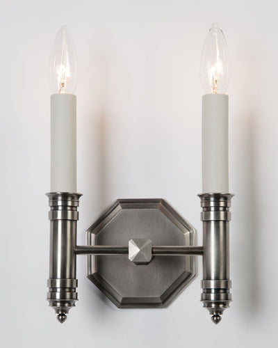 Remains Lighting Co. Collection image 1 of a Edward Twin Sconce made-to-order.  Shown in Light Pewter.