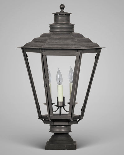 Scofield Lighting Collection image 1 of a English Gas Exterior Post Lantern Large made-to-order.  Shown in Bronzed Copper with optional bronze pier mounted bracket and three candelabra sockets.
