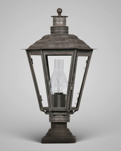 Scofield Lighting Collection image 1 of a English Gas Exterior Post Lantern Small made-to-order.  Shown in Bronzed Copper with optional bronze pier mounted bracket.