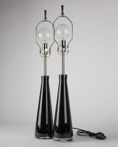 Vintage Collection image 1 of a pair of Falkenbergs Purple Glass Table Lamps antique in a Polished Nickel finish.