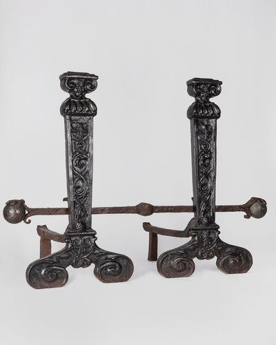 Vintage Collection image 1 of a pair of Figural Andirons with Wrought Iron Bar antique.