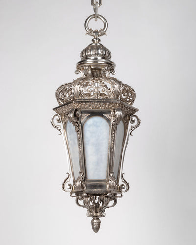 Vintage Collection image 1 of a Foliate Silverplate Lantern with Opaline Glass antique.