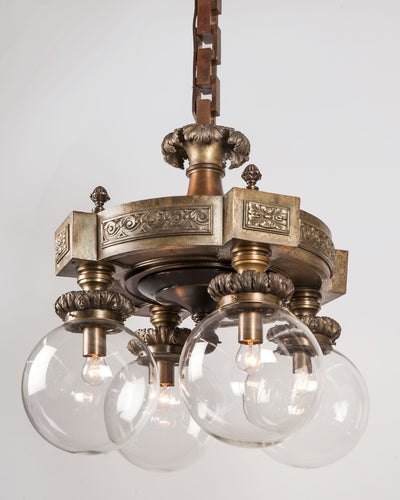 Vintage Collection image 1 of a Four Light Bronze Chandelier with Clear Glass Globes antique.