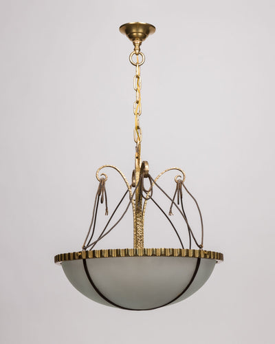 Vintage Collection image 1 of a Frosted Leaded Glass Dome Chandelier with Bronze Scrolls antique.
