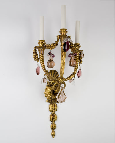 Vintage Collection image 1 of a pair of Gilded E. F. Caldwell Sconces with Amethyst Prisms antique.