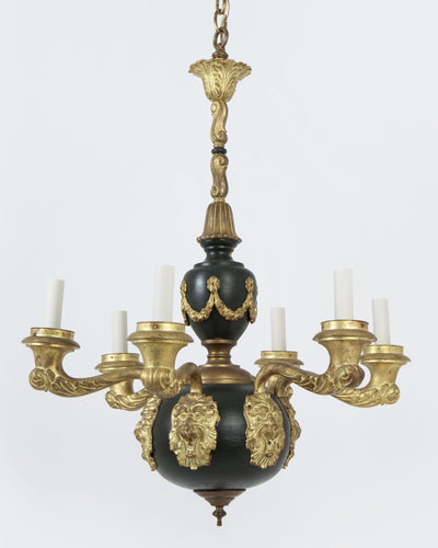 Vintage Collection image 1 of a Green and Bronze Empire Chandelier with Lion Masks antique.