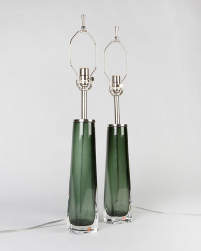 Vintage Collection image 1 of a pair of Green Orrefors Glass Lamps antique.