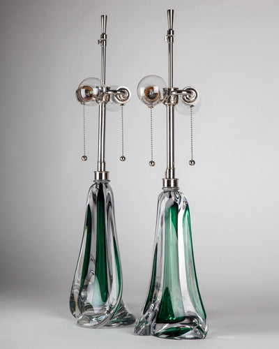 Vintage Collection image 1 of a pair of Green Val St. Lambert Glass Table Lamps antique in a Polished Nickel (This product not configured for PN!) finish.