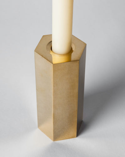 Remains Lighting Co. Collection image 1 of a Hex Standard Candlestick made-to-order.  Shown in Polished Brass.