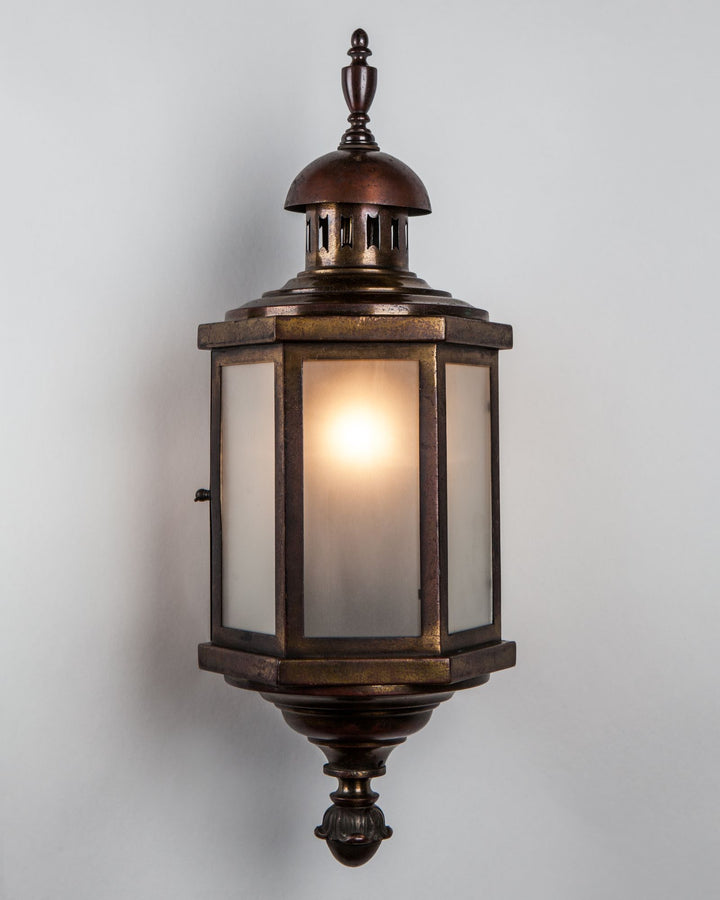 Hexagonal Aged Bronze Wall Lantern with Frosted Glass | Vintage