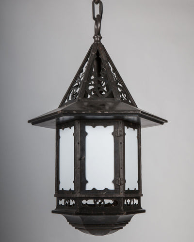 Vintage Collection image 1 of a Hexagonal Blackened Iron Lantern with Opal Glass antique.