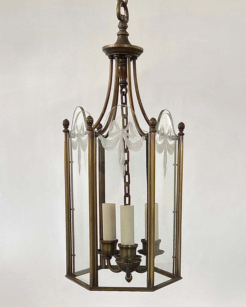 Hexagonal Bronze Lantern with Cut Glass Panels | Vintage