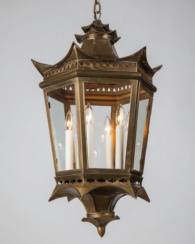 Vintage Collection image 1 of a Hexagonal Pagoda Form Brass Lantern antique in a Aged Brass finish.
