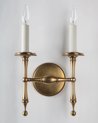Remains Lighting Co. Collection image 1 of a Howard Twin Sconce made-to-order.  Shown in Antique Brass.