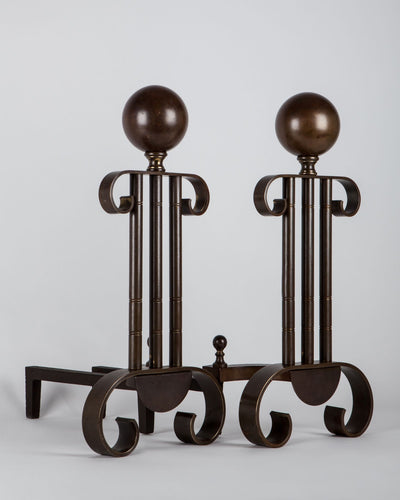 Vintage Collection image 1 of a pair of Ionic Column Form Andirons with Ball Finials antique.
