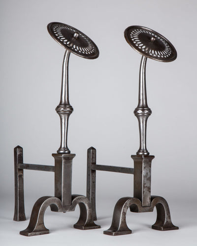 Vintage Collection image 1 of a pair of Iron Andirons with Flat Pierced Finials antique in a Original Antique Finish finish.