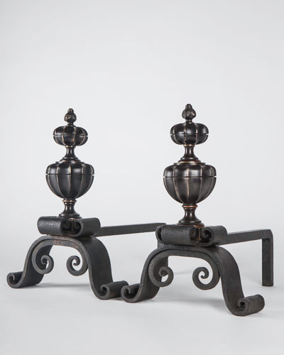 Vintage Collection image 1 of a Iron Andirons with Fluted Urn Form Brass Bodies antique.