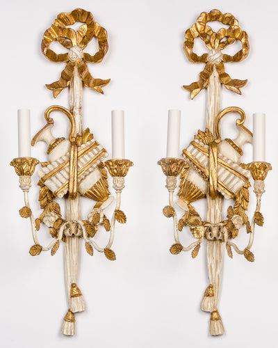 Vintage Collection image 1 of a pair of Italian Painted and Gilded Wood Sconces antique.