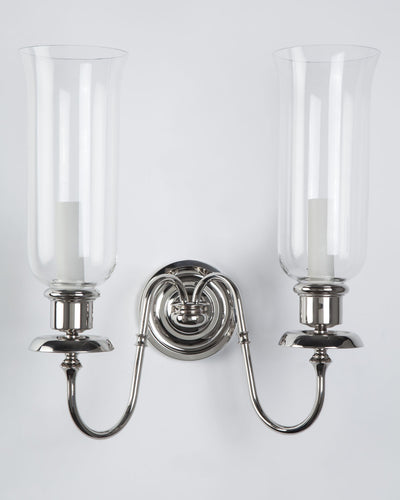Remains Lighting Co. Collection image 1 of a Marion Twin Hurricane Sconce made-to-order.  Shown in Polished Nickel.