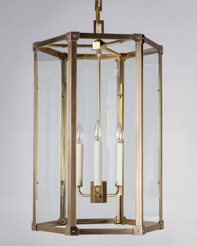Remains Lighting Co. Collection image 1 of a Marlowe Hexagonal Lantern made-to-order.  Shown in Burnished Brass.