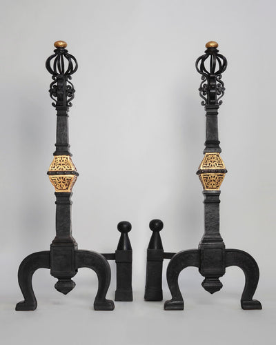 Vintage Collection image 1 of a pair of Massive Wrought Iron Andirons with Gold Leaf Details antique.