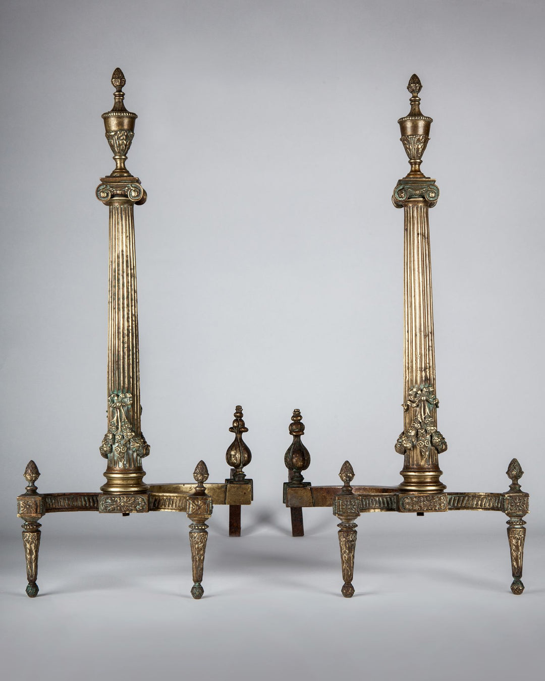 Neoclassical Andirons with Fluted Columns and Urn Finials