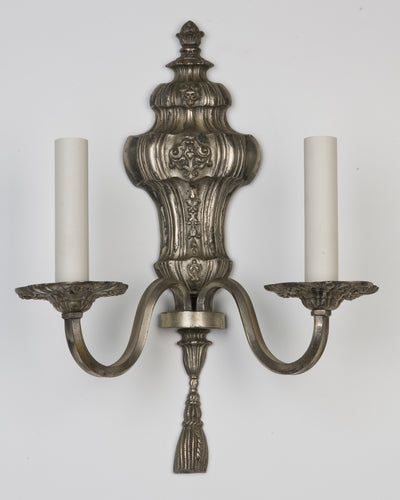 Vintage Collection image 1 of a pair of Nickeled Bronze Sconces with Linenfold and Foliate Details antique.