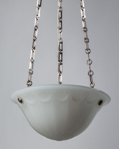 Vintage Collection image 1 of a Opaline Glass Dome Pendant with Scroll Details antique in a Burnished Nickel finish.