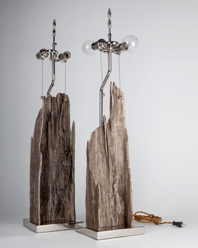 Remains Lighting Co. Collection image 1 of a pair of Pair of Driftwood and Nickel Lamps made-to-order.  Shown in Polished Nickel.