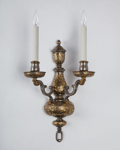 Vintage Collection image 1 of a pair of Pewter Sconces with Gilded Arabesques by E. F. Caldwell antique in a Original Pewter and Gilded Finish finish.