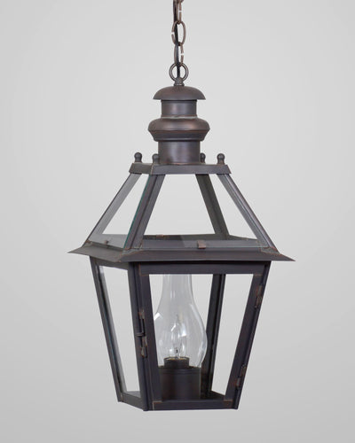 Scofield Lighting Collection image 1 of a Philadelphia Exterior Hanging Lantern Small made-to-order.  Shown in Bronzed Copper.