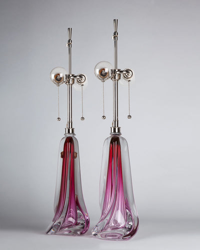 Vintage Collection image 1 of a pair of Red and Pink Ombre Glass Lamps by Val St. Lambert antique.