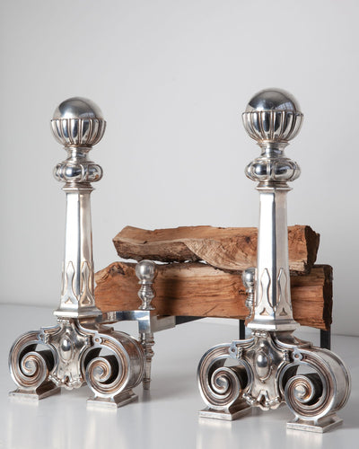 Vintage Collection image 1 of a pair of Silverplate Andirons with Scroll Legs and Ball Finials antique.