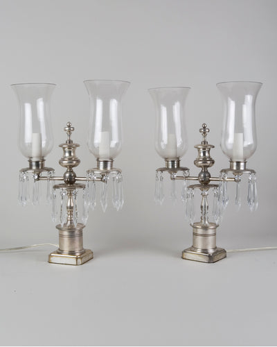 Vintage Collection image 1 of a pair of Silverplate Lamps with Prisms and Hurricane Shades antique.