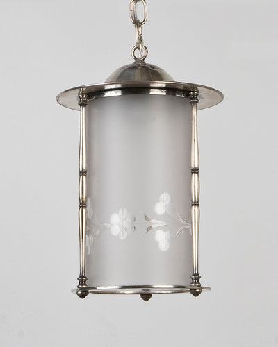 Vintage Collection image 1 of a Silverplate Lantern with Frosted Wheel Cut Glass Cylinder antique.