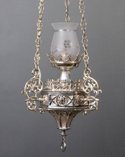 Vintage Collection image 1 of a Silverplate Sanctuary Lamp with a Frosted Wheel Cut Glass Shade antique.