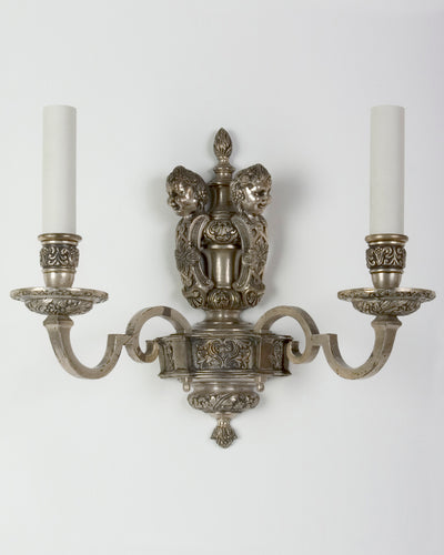 Vintage Collection image 1 of a pair of Silverplate Sconces with Arabesque Bas Relief Details antique.