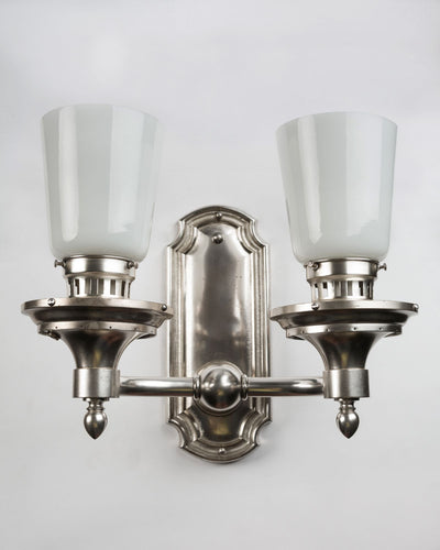 Vintage Collection image 1 of a pair of Silverplate Sconces with Tapered White Glass Shades antique.