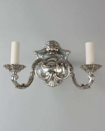 Vintage Collection image 1 of a pair of Silverplate Shield Form Sconces with Shell Motifs antique.