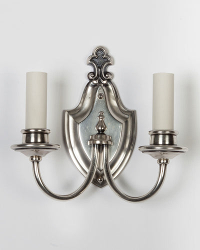 Vintage Collection image 1 of a pair of Silverplate Shieldback Sconces with Fleurs-de-Lis antique.