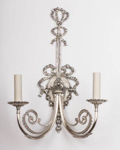 Vintage Collection image 1 of a pair of Slender Silverplate Sconces with Delicate Ribbon Details antique.