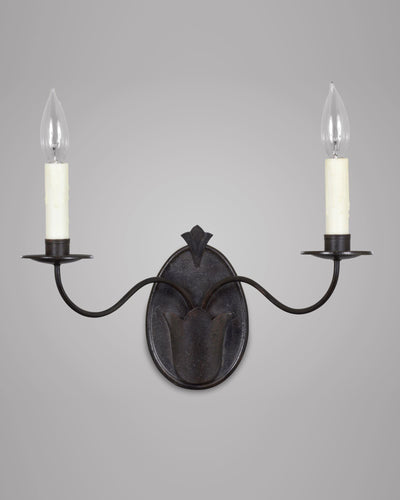 Scofield Lighting Collection image 1 of a Spun Bobeche Twin Sconce made-to-order.  Shown in Aged Tin.