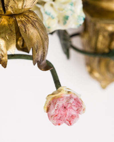 Vintage Collection image 1 of a pair of Statuette Sconces with Tole Leaves and Porcelain Flowers antique.