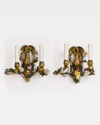 Vintage Collection image 1 of a pair of Statuette Sconces with Tole Leaves and Porcelain Flowers antique.