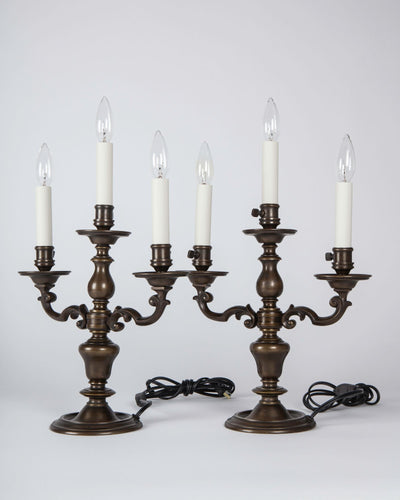 Vintage Collection image 1 of a pair of Sterling Bronze Three Arm Candelabra Lamps antique in a Original Darkened Brass finish.