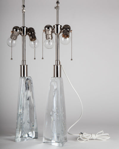 Vintage Collection image 1 of a pair of Swedish Table Lamps with Clear Solid Glass antique in a Polished Nickel finish.