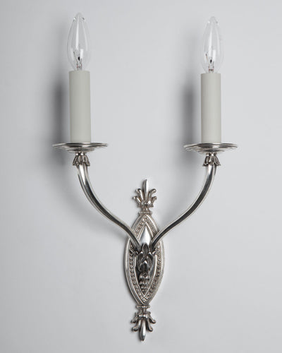 Vintage Collection image 1 of a pair of Tall Silverplate Sconces by E. F. Caldwell Co. antique in a Original Silverplate finish.