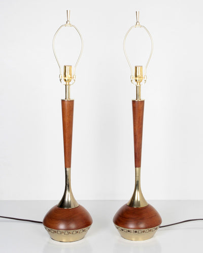 Vintage Collection image 1 of a pair of Teak Wood and Metal Lamps with Geometric Details antique.