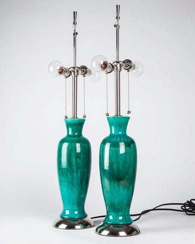 Vintage Collection image 1 of a pair of Teal Glazed Ceramic Table Lamps antique.